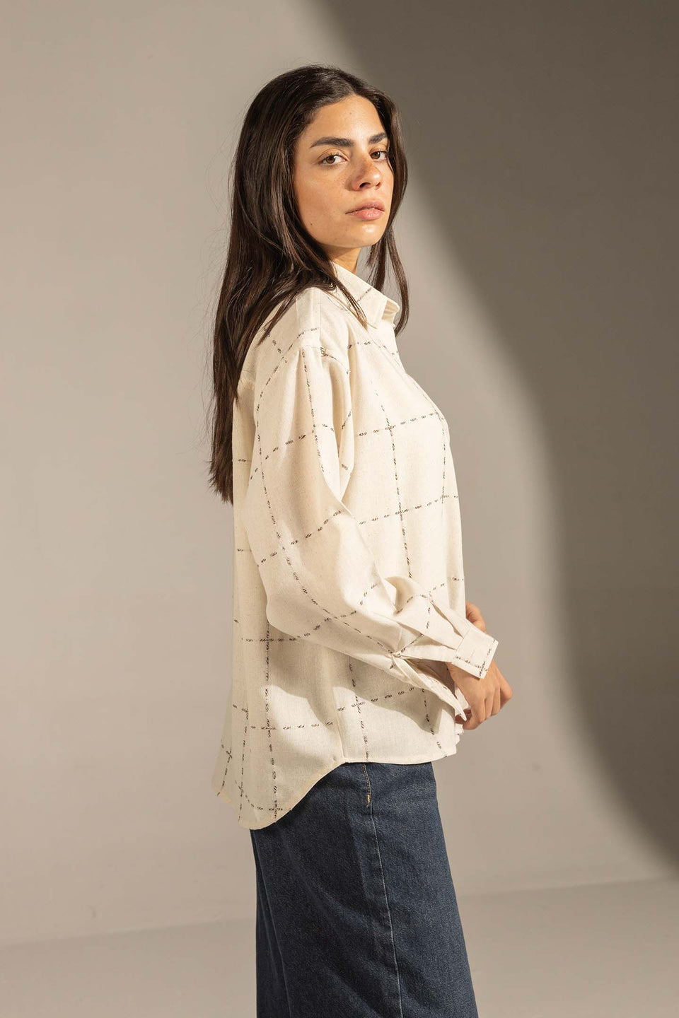 Off White Textured Grid Button-Up Shirt