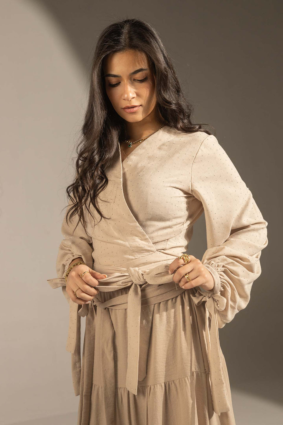 Beige Sparkly Wrap Waist Blouse