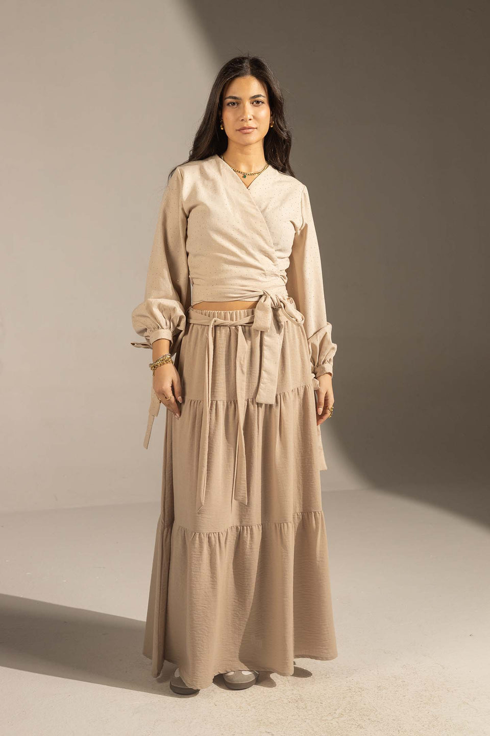 Beige Sparkly Wrap Waist Blouse