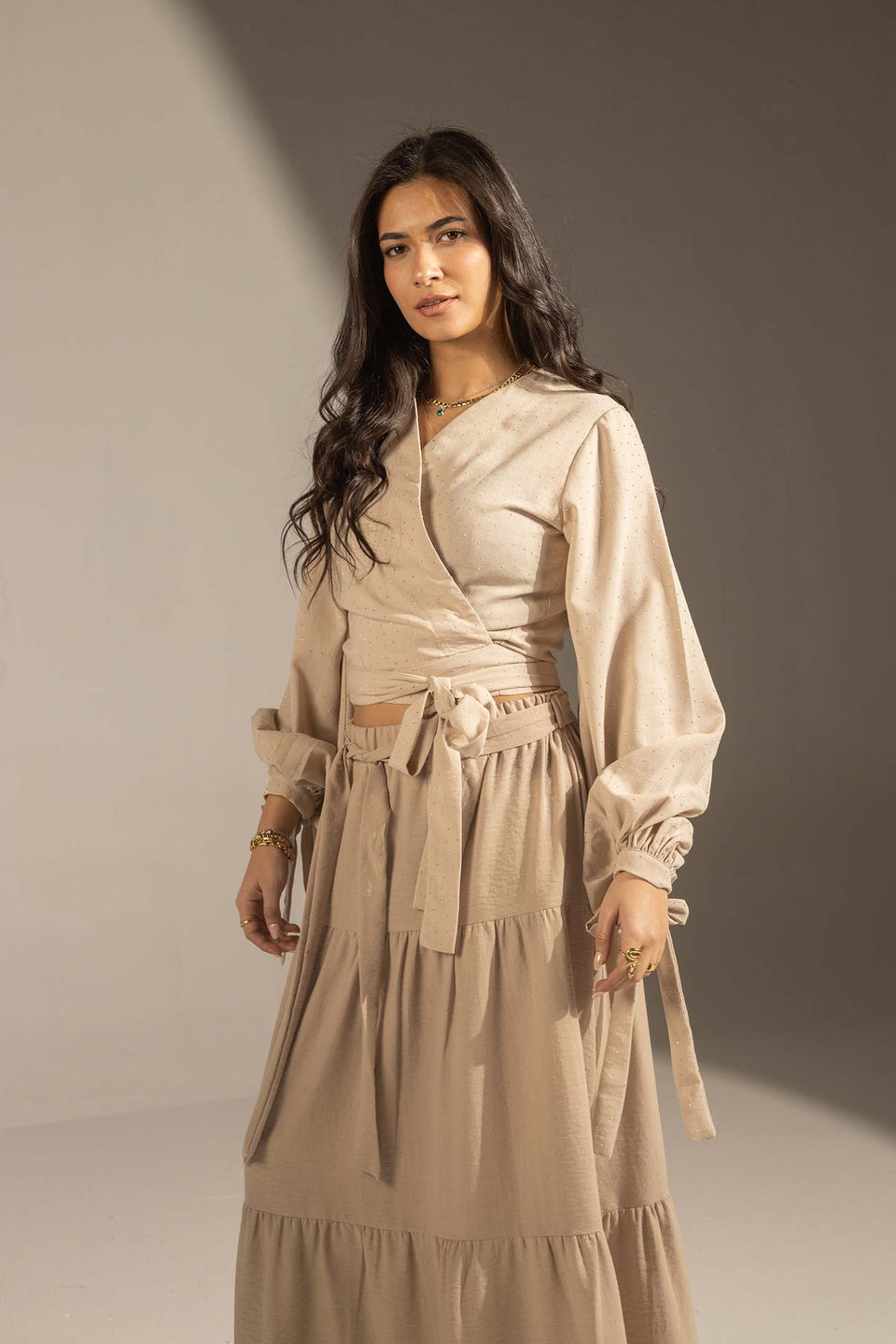 Beige Sparkly Wrap Waist Blouse