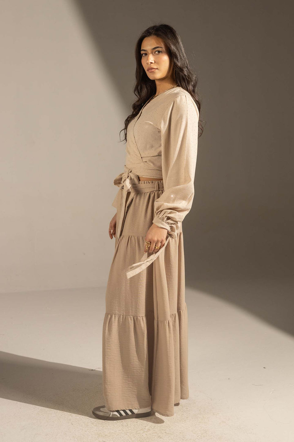 Beige Sparkly Wrap Waist Blouse