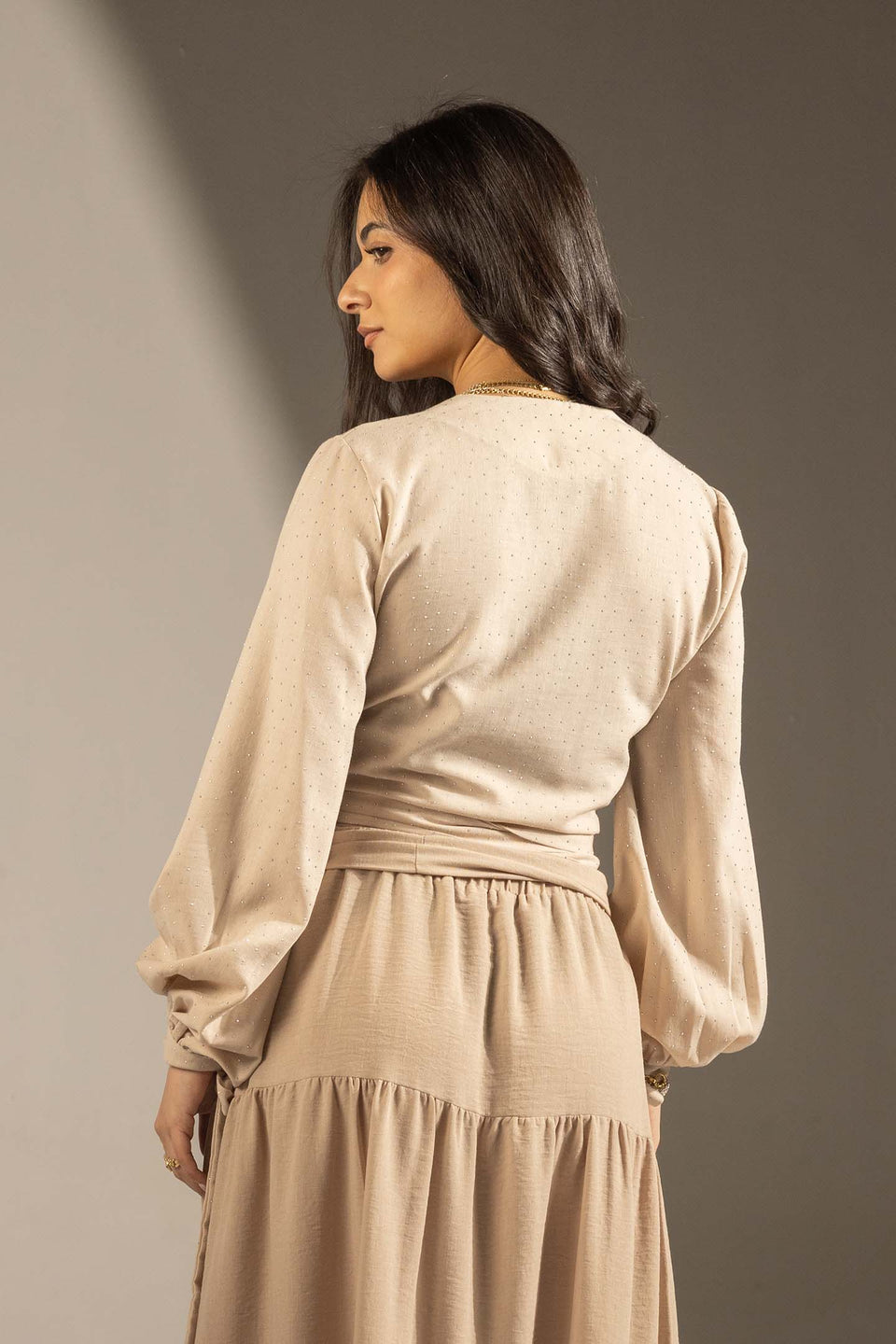 Beige Sparkly Wrap Waist Blouse