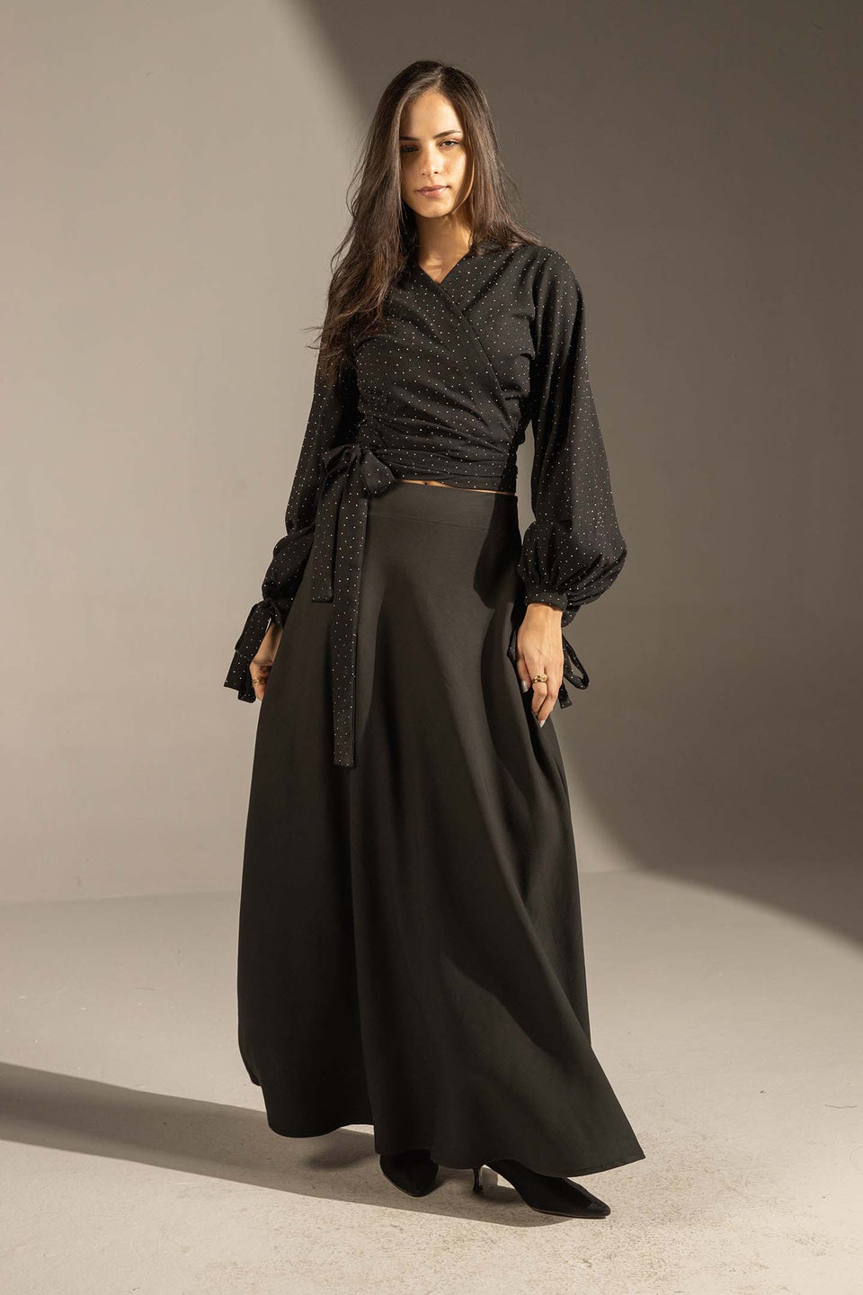 Black Sparkly Wrap Waist Blouse