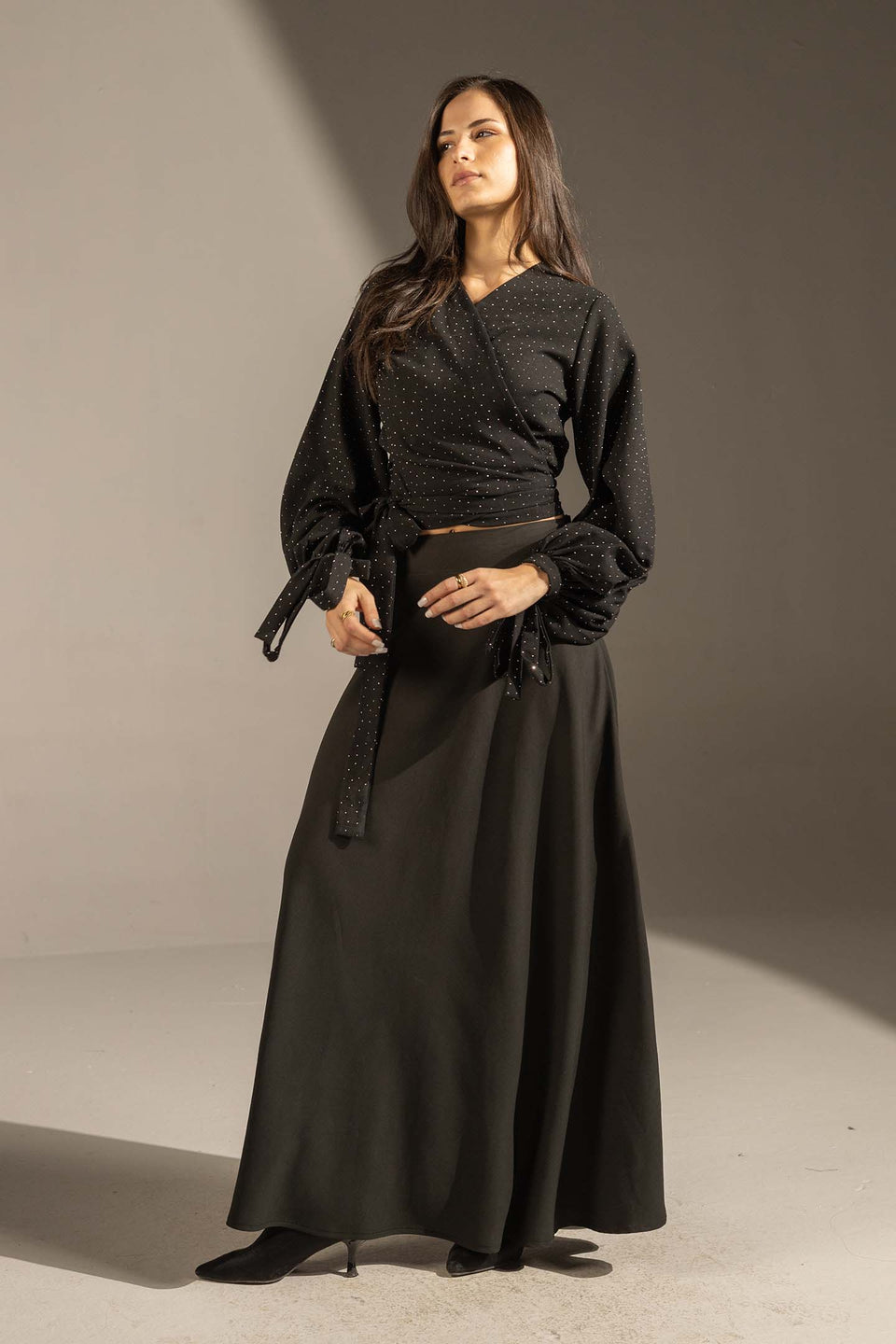 Black Sparkly Wrap Waist Blouse