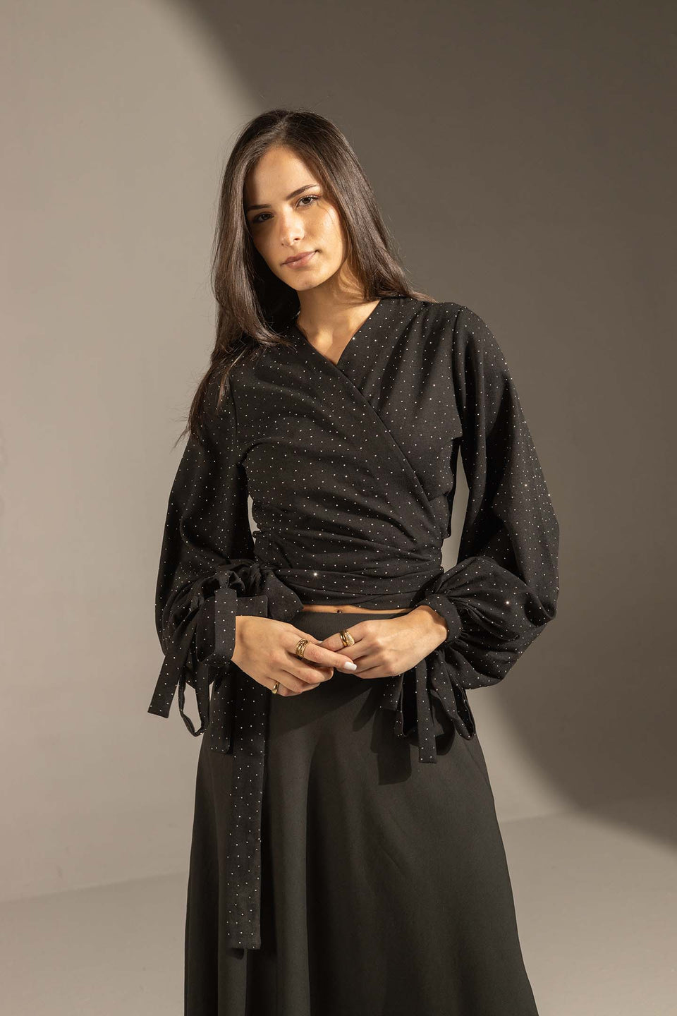 Black Sparkly Wrap Waist Blouse