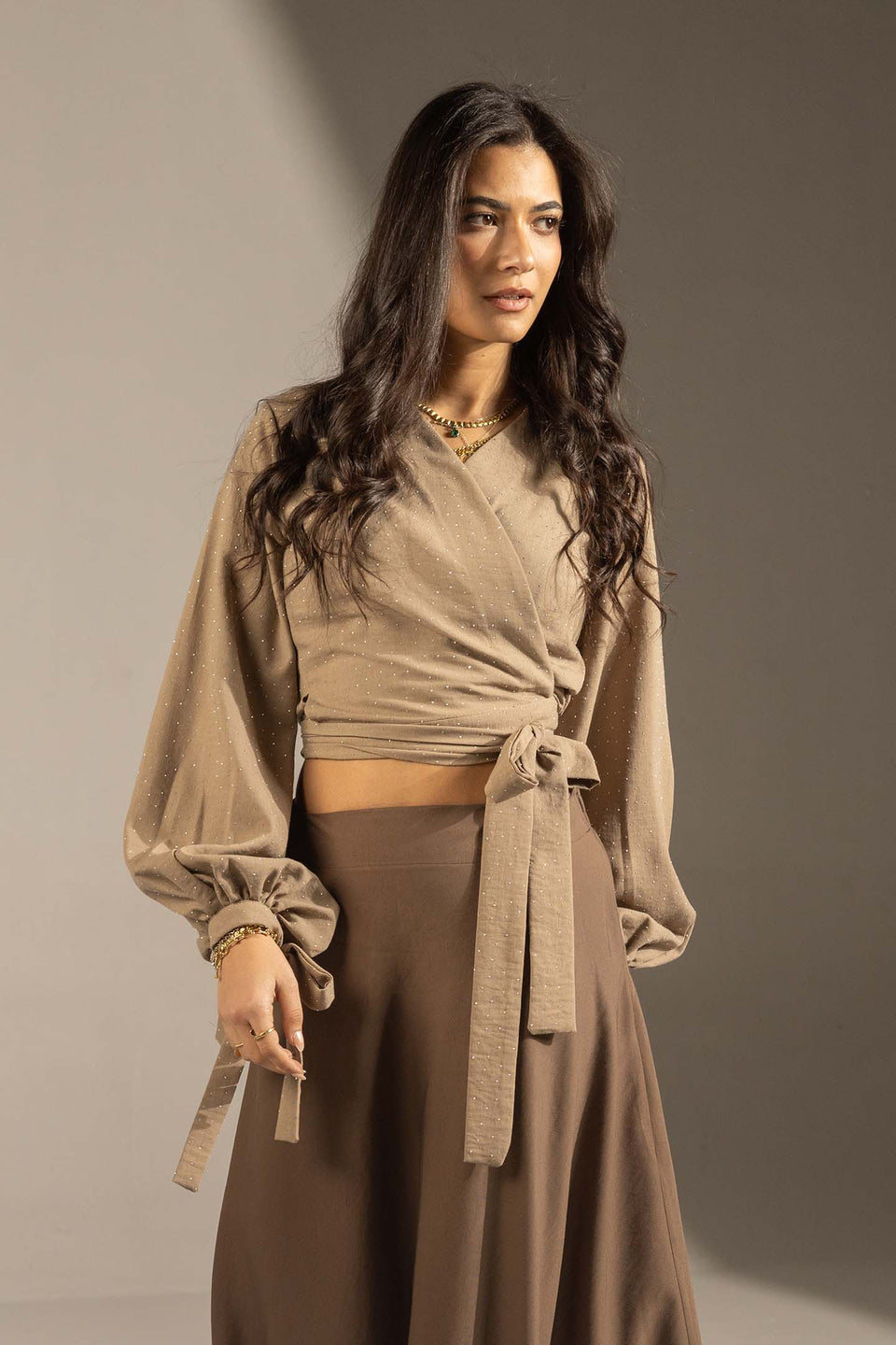 Coffe Sparkly Wrap Waist Blouse