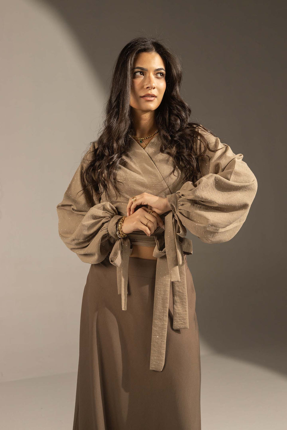 Coffe Sparkly Wrap Waist Blouse