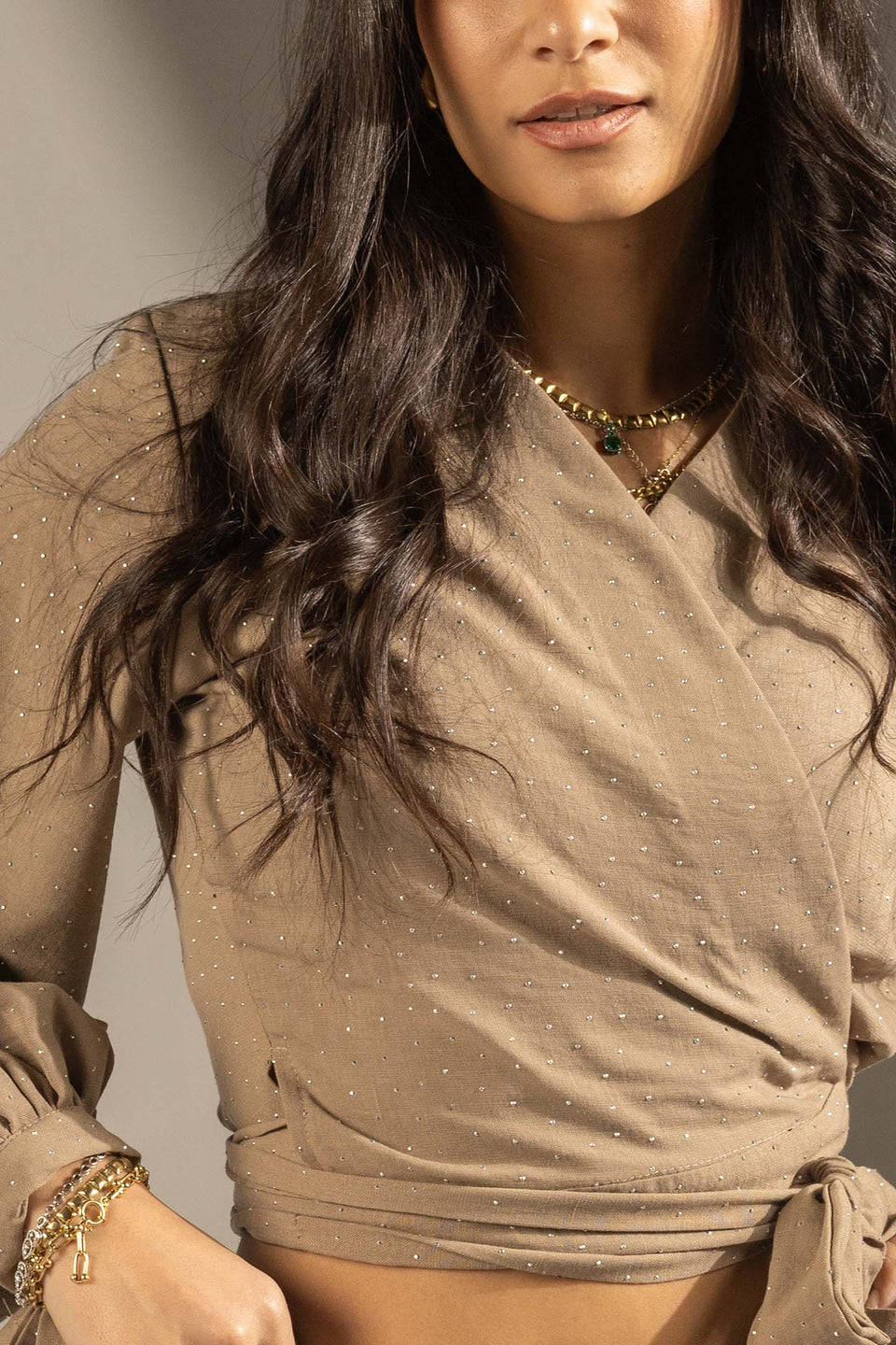 Coffe Sparkly Wrap Waist Blouse