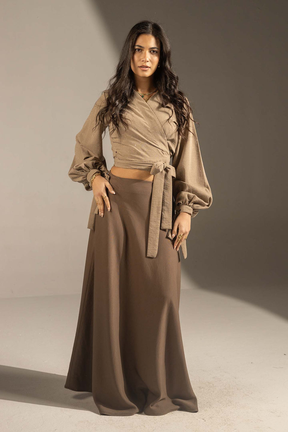 Coffe Sparkly Wrap Waist Blouse