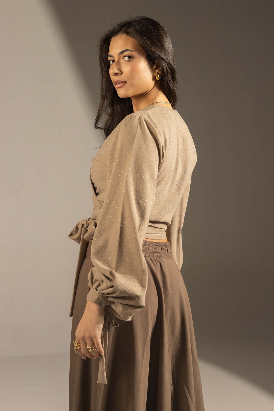 Coffe Sparkly Wrap Waist Blouse