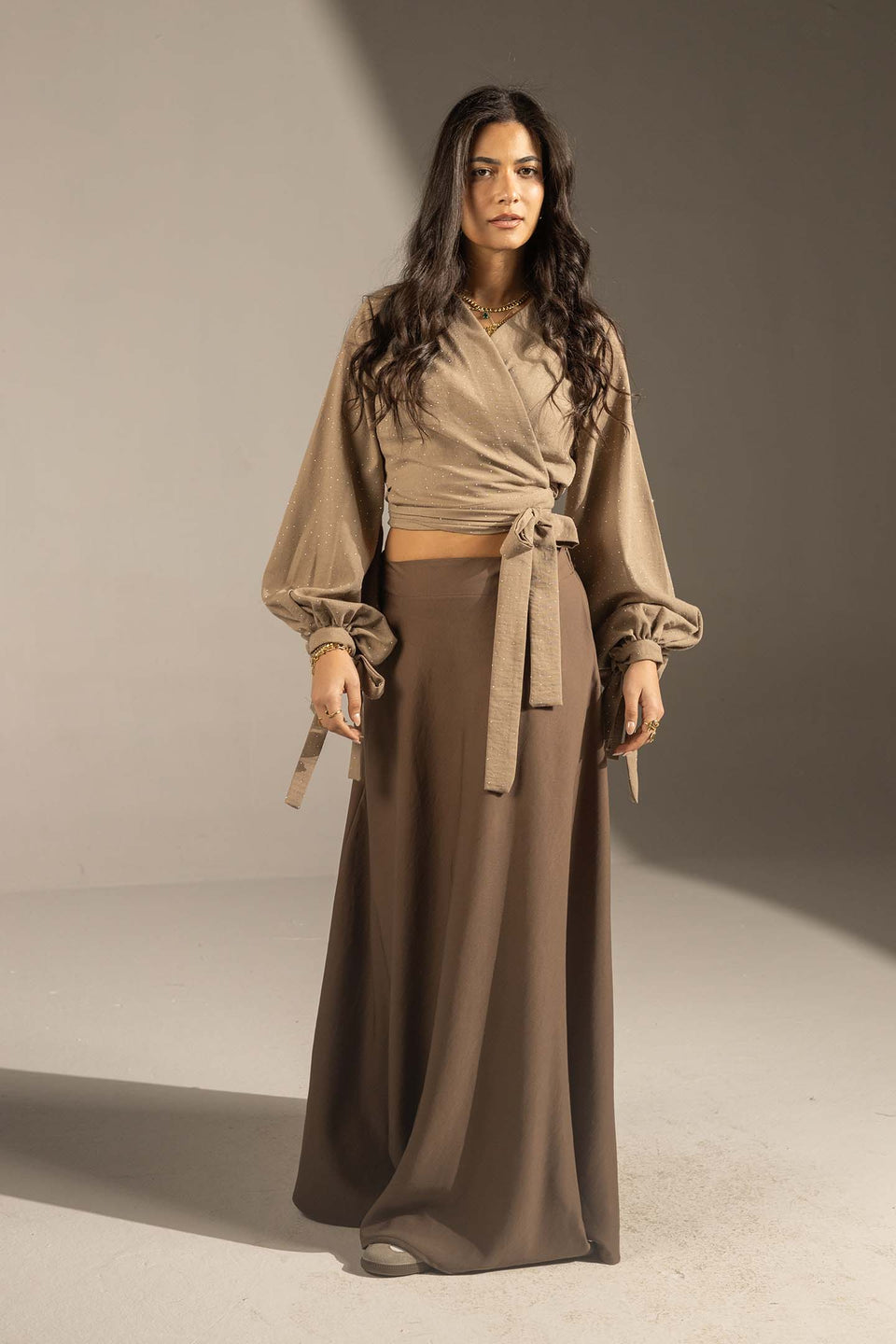 Coffe Sparkly Wrap Waist Blouse