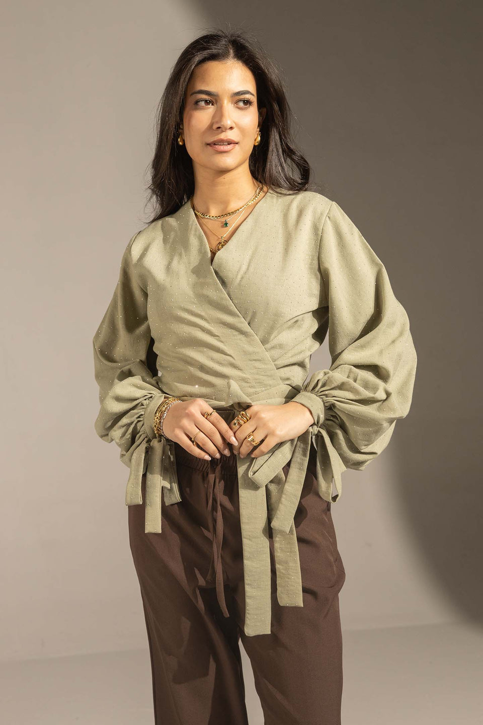 Olive Sparkly Wrap Waist Blouse
