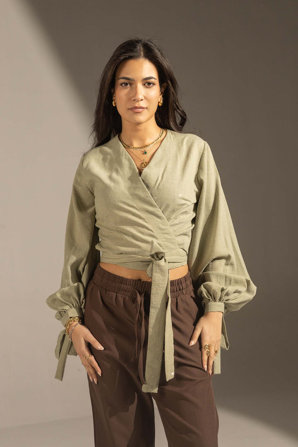 Olive Sparkly Wrap Waist Blouse