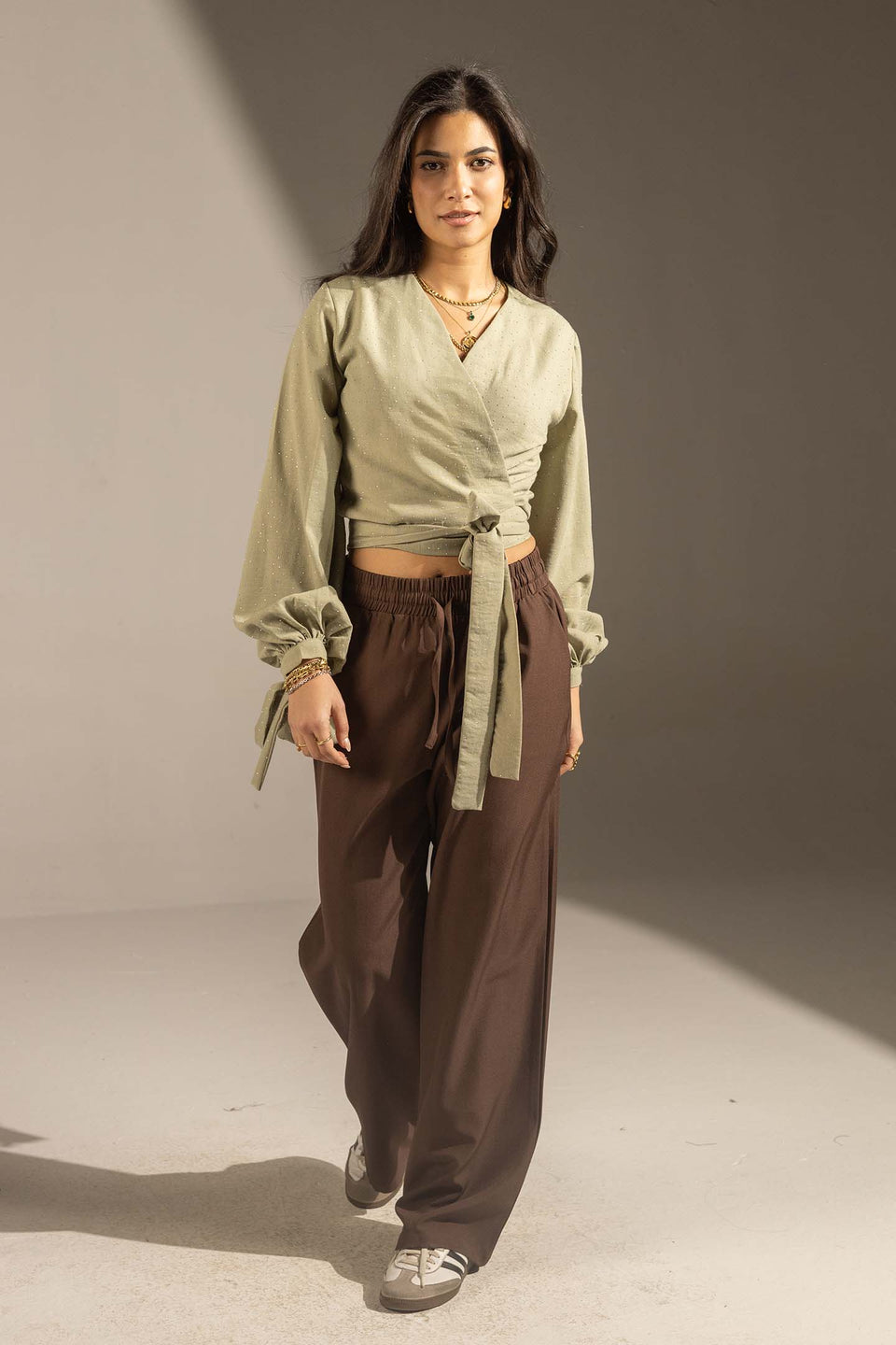 Olive Sparkly Wrap Waist Blouse