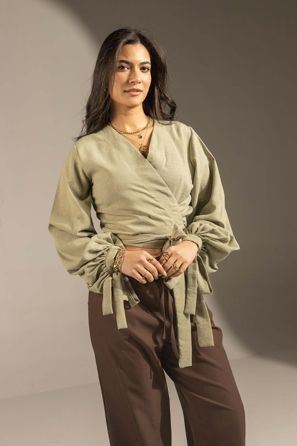 Olive Sparkly Wrap Waist Blouse