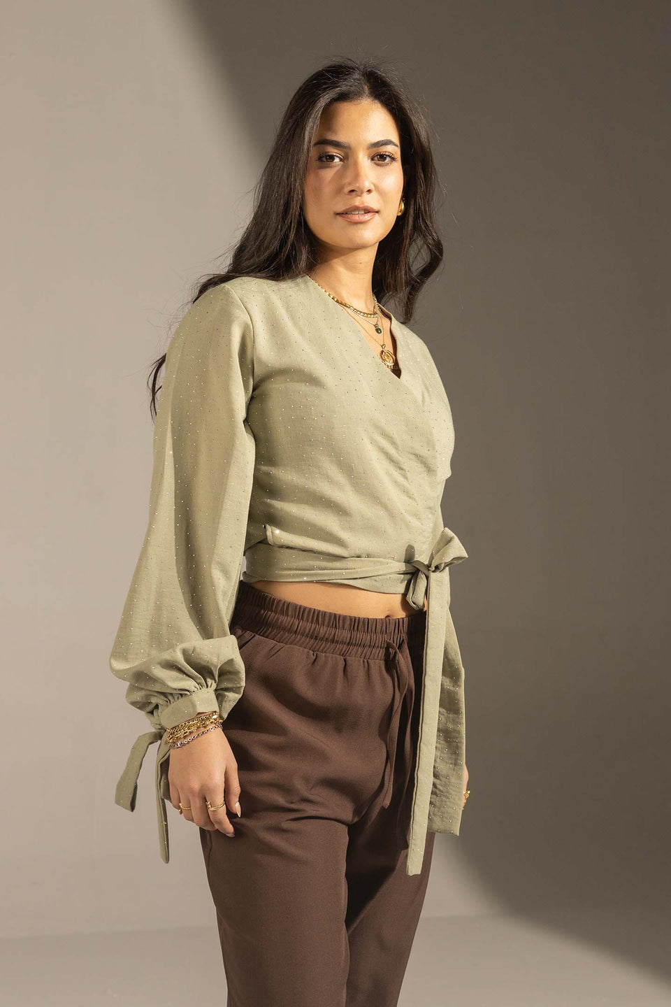Olive Sparkly Wrap Waist Blouse