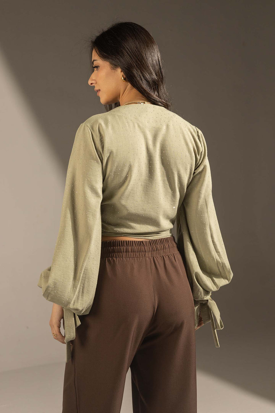 Olive Sparkly Wrap Waist Blouse
