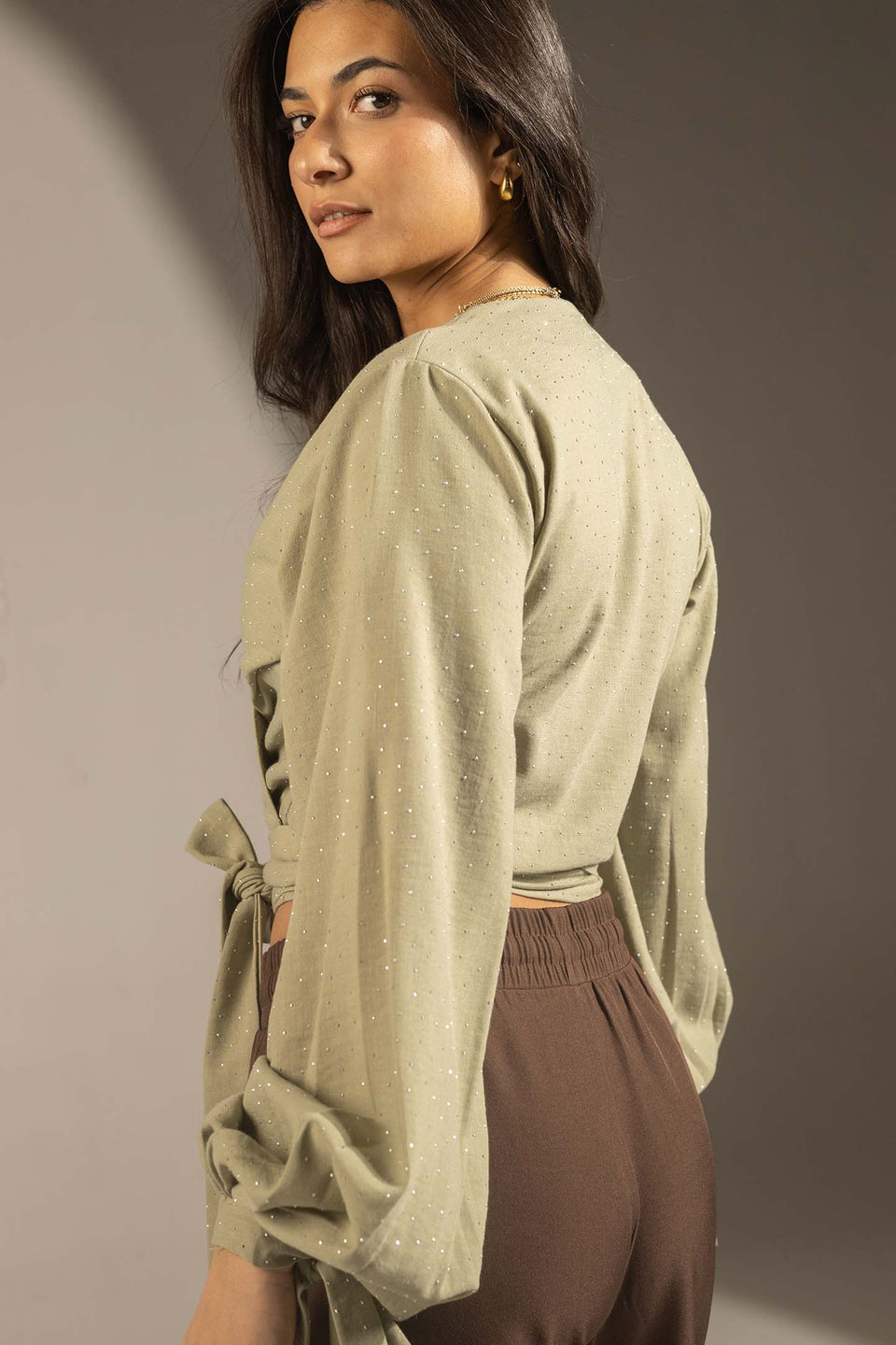 Olive Sparkly Wrap Waist Blouse