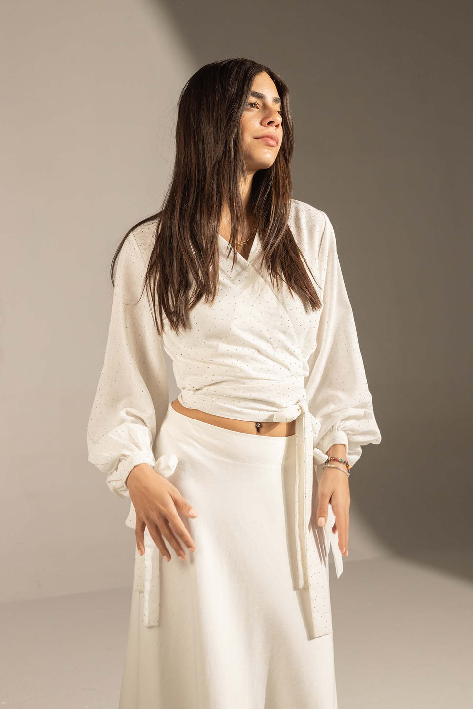 White Sparkly Wrap Waist Blouse