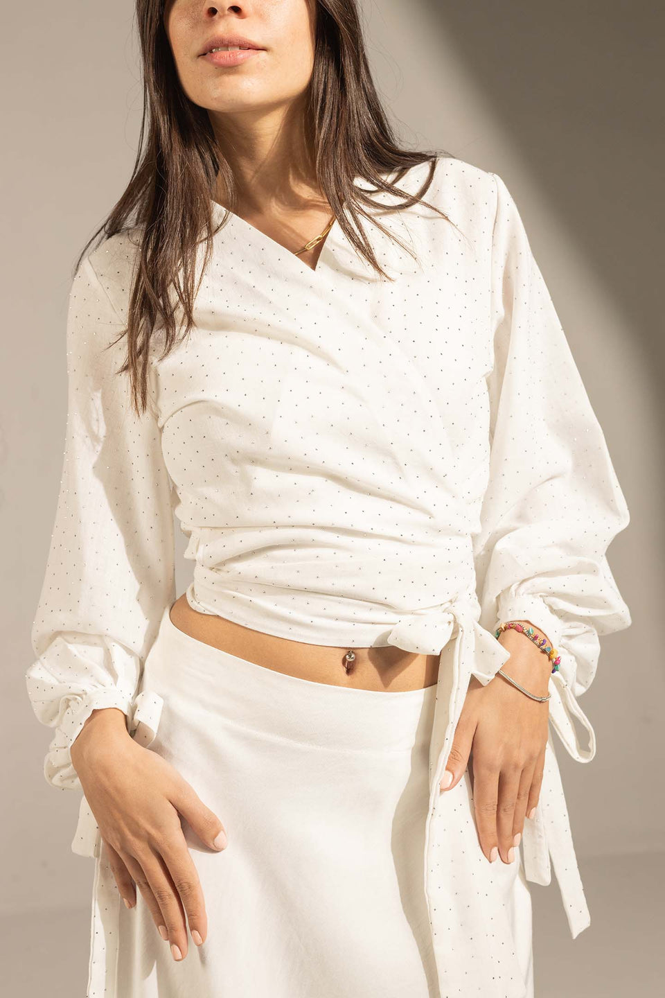 White Sparkly Wrap Waist Blouse