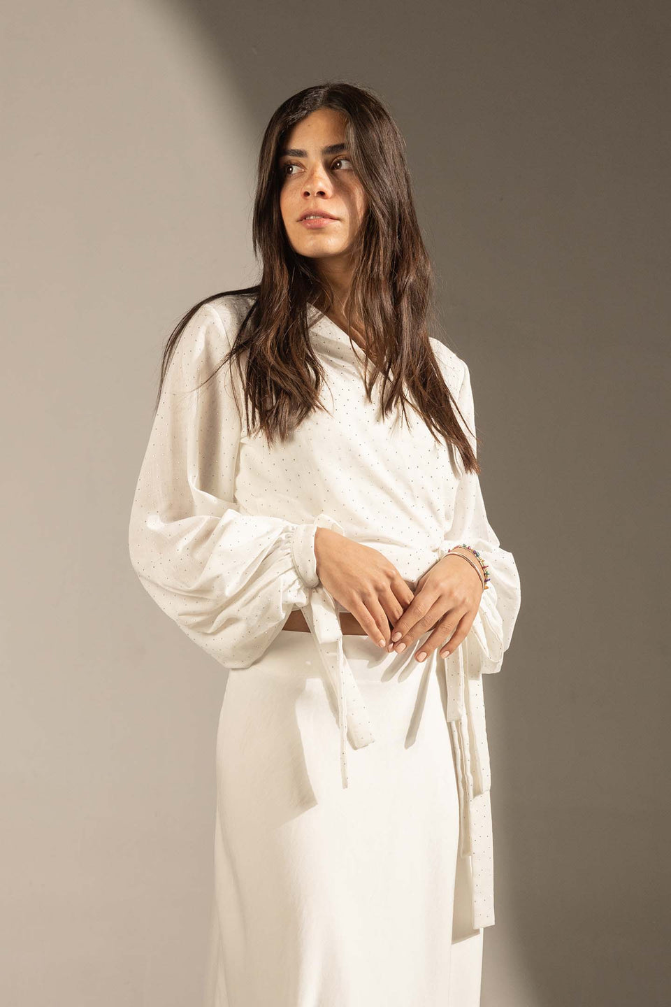 White Sparkly Wrap Waist Blouse