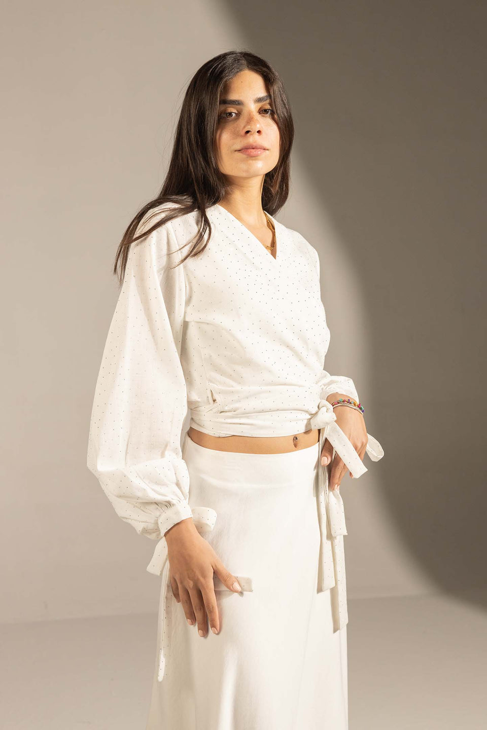 White Sparkly Wrap Waist Blouse