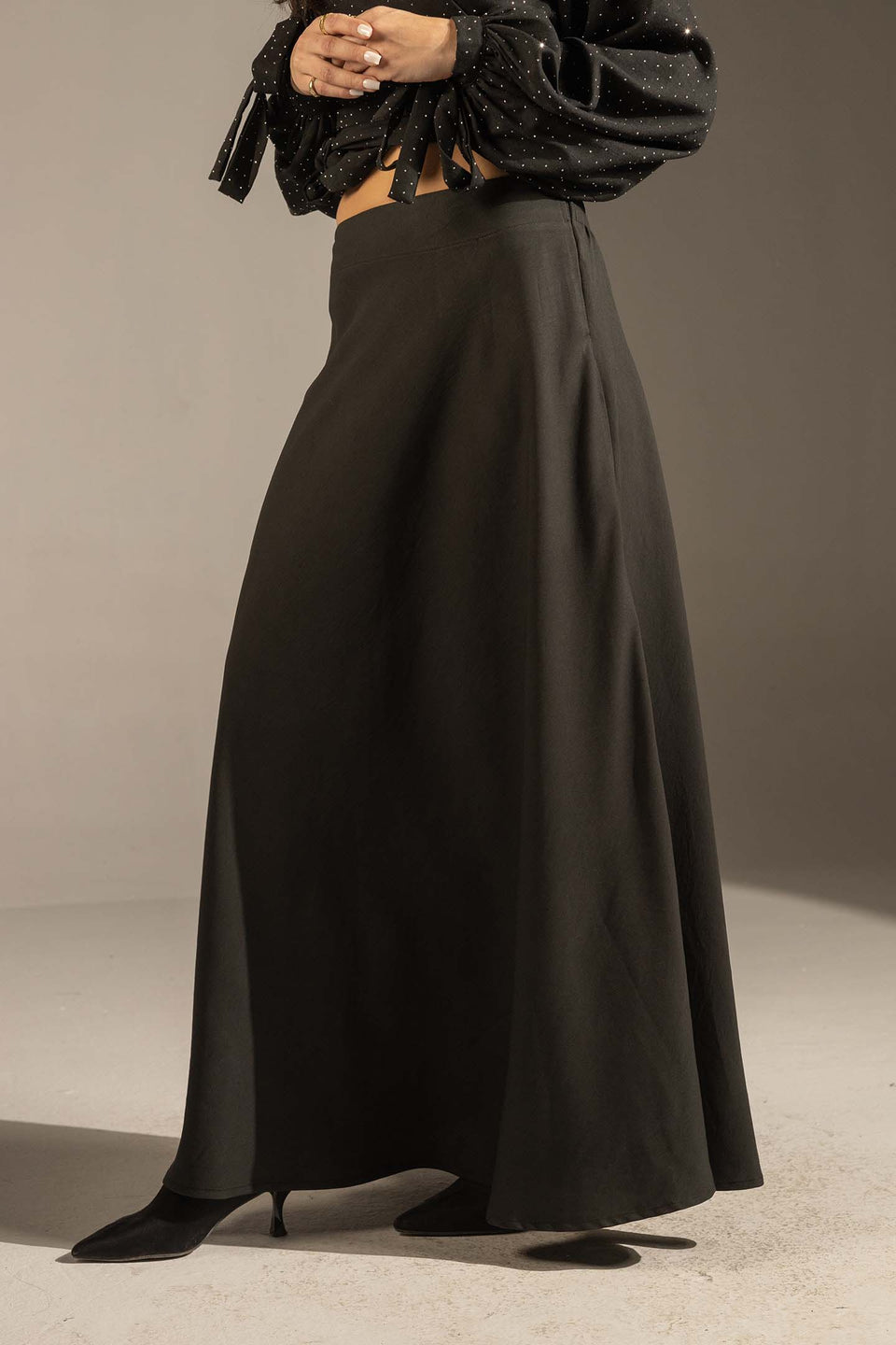 Black Tailored High-Waist Satin Maxi Skirt