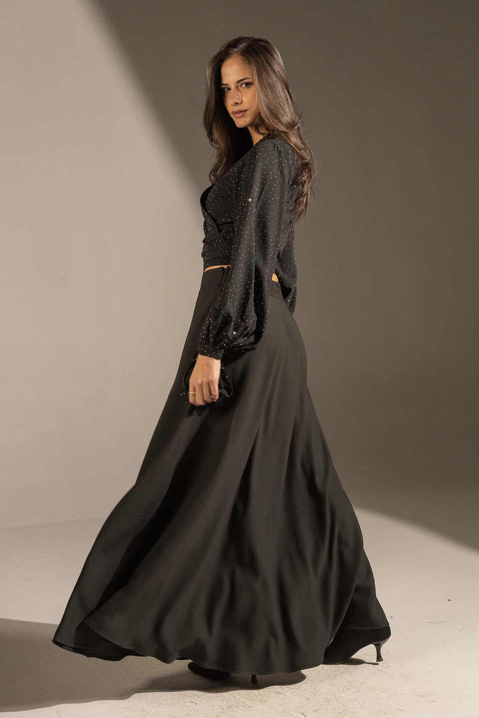 Black Tailored High-Waist Satin Maxi Skirt