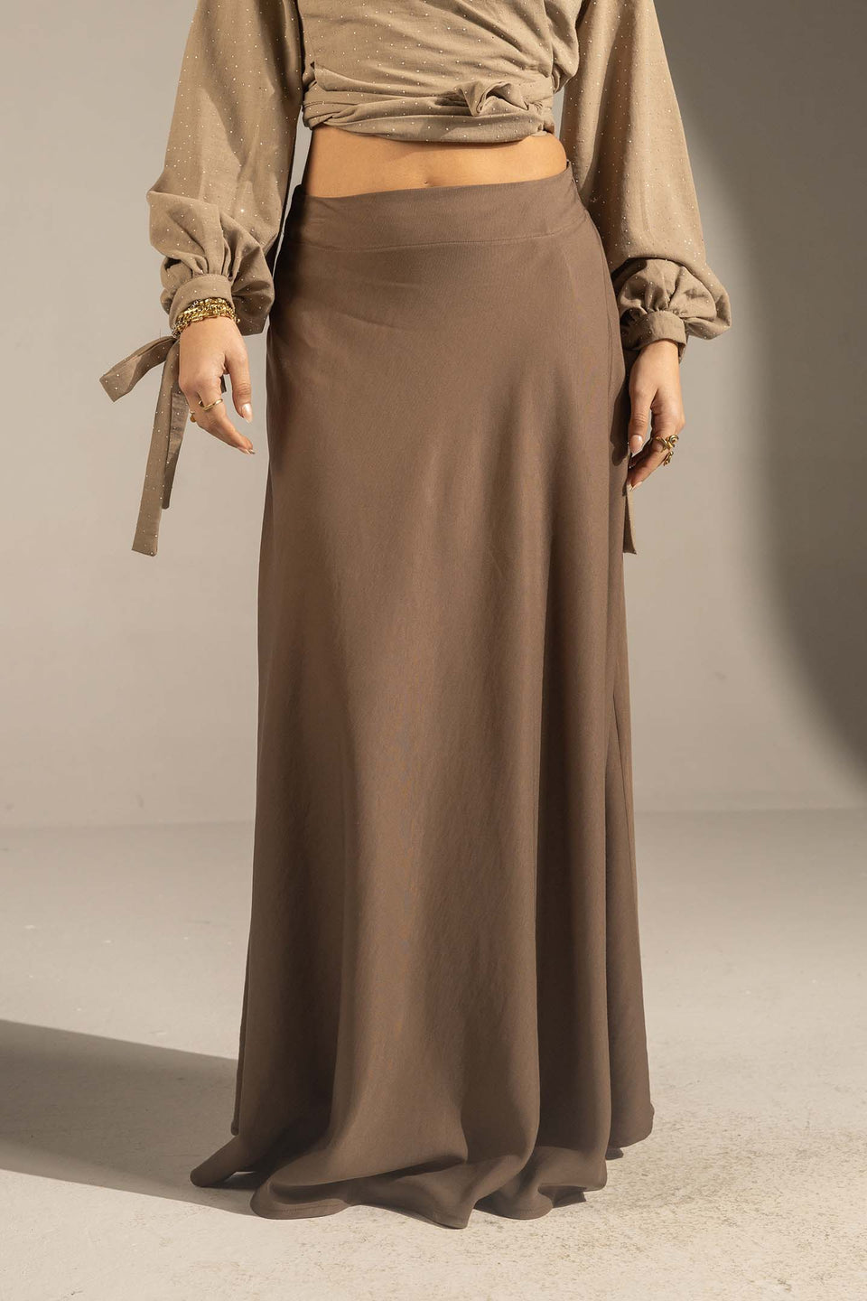 Brown Tailored High-Waist Satin Maxi Skirt