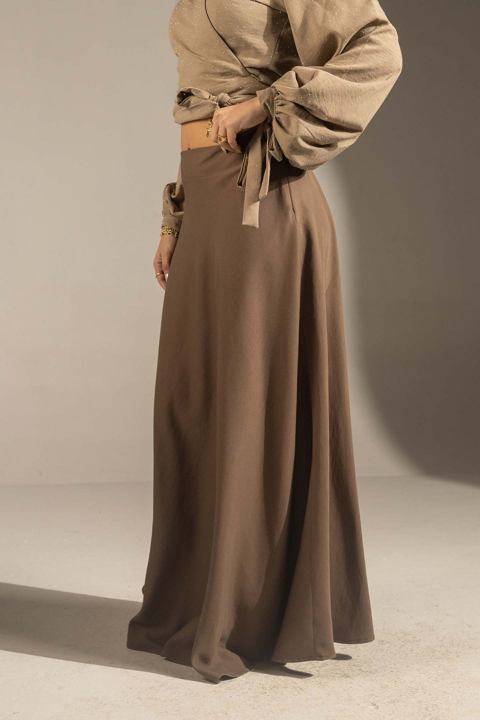 Brown Tailored High-Waist Satin Maxi Skirt
