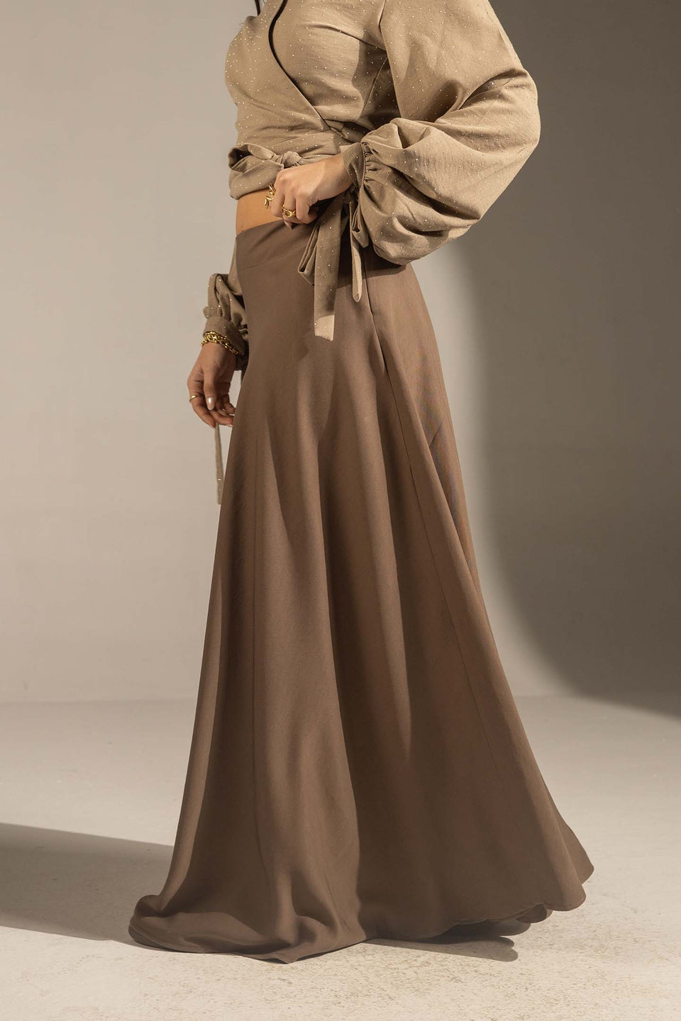 Brown Tailored High-Waist Satin Maxi Skirt