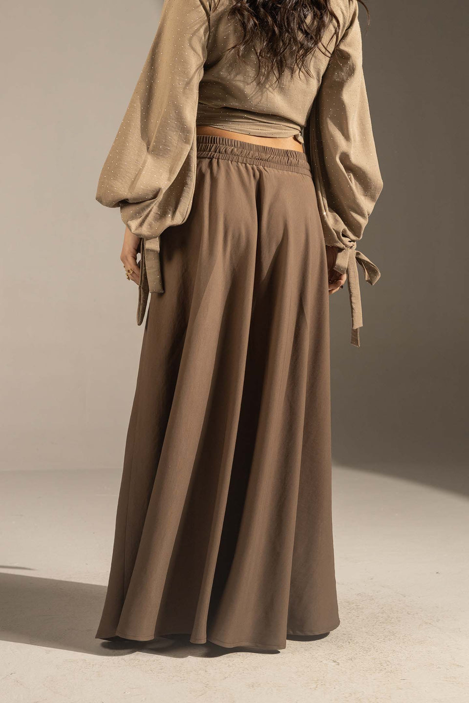 Brown Tailored High-Waist Satin Maxi Skirt