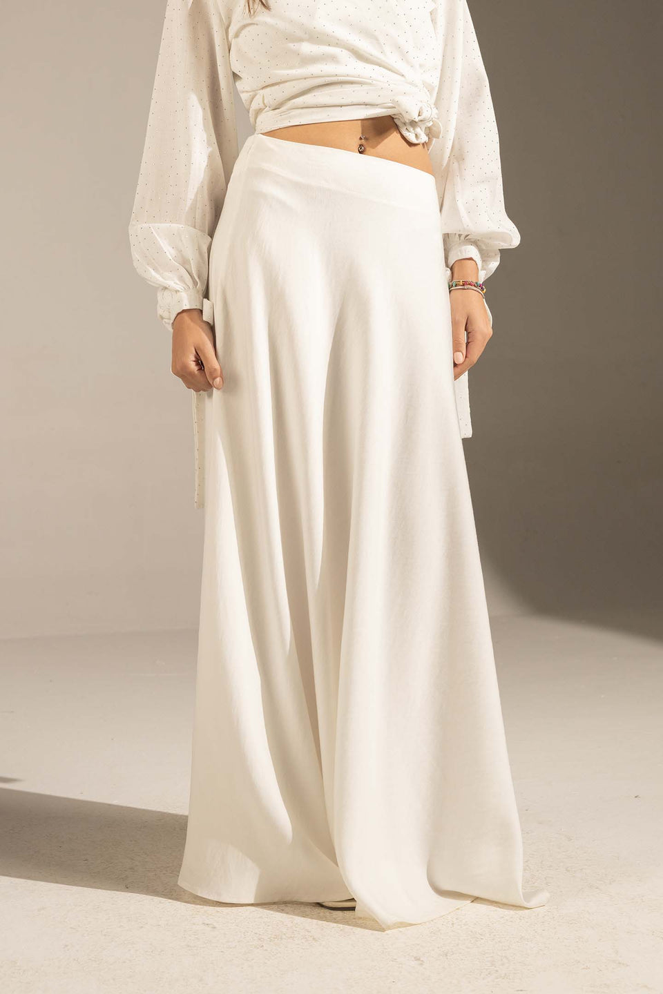 White Tailored High-Waist Satin Maxi Skirt