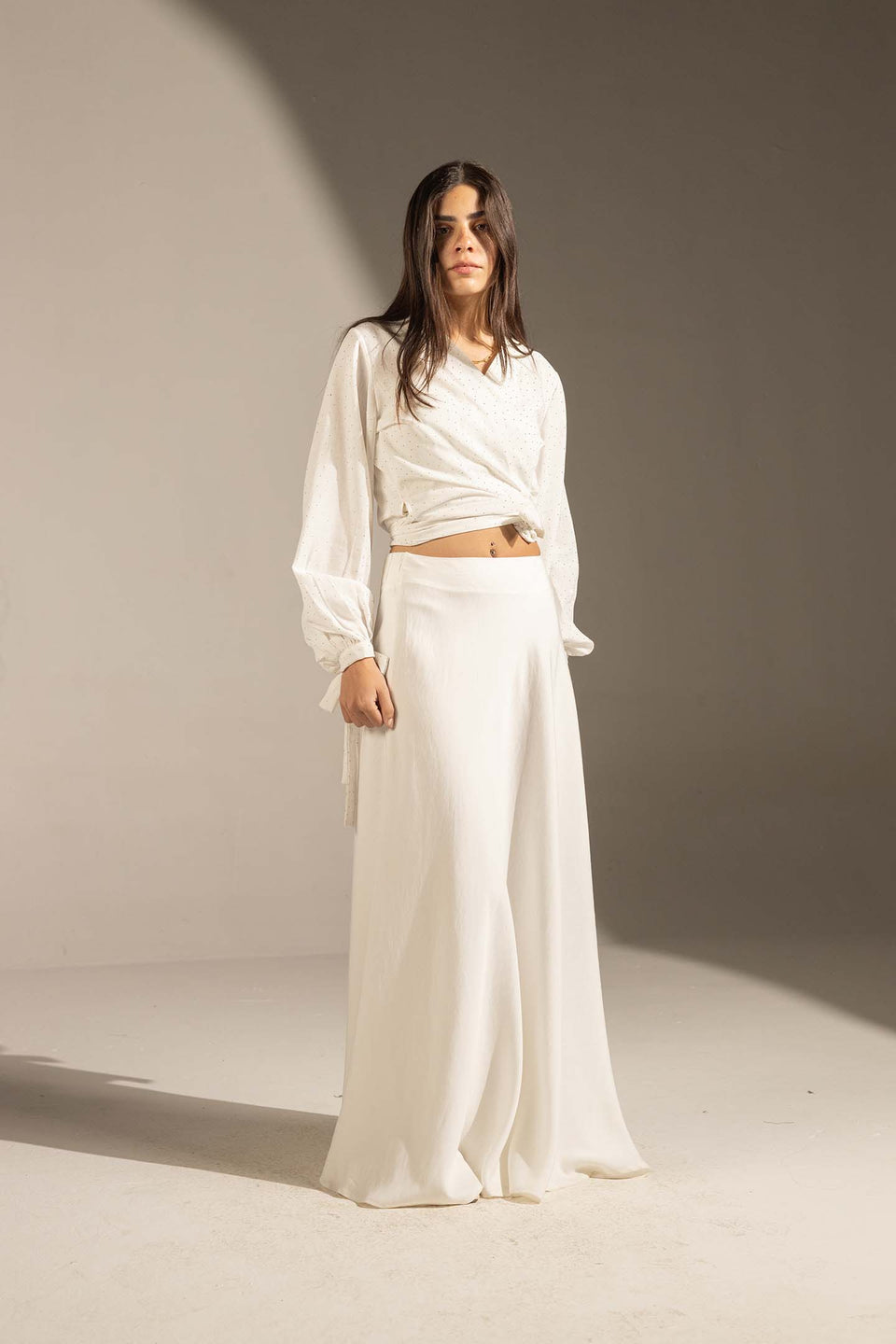 White Tailored High-Waist Satin Maxi Skirt