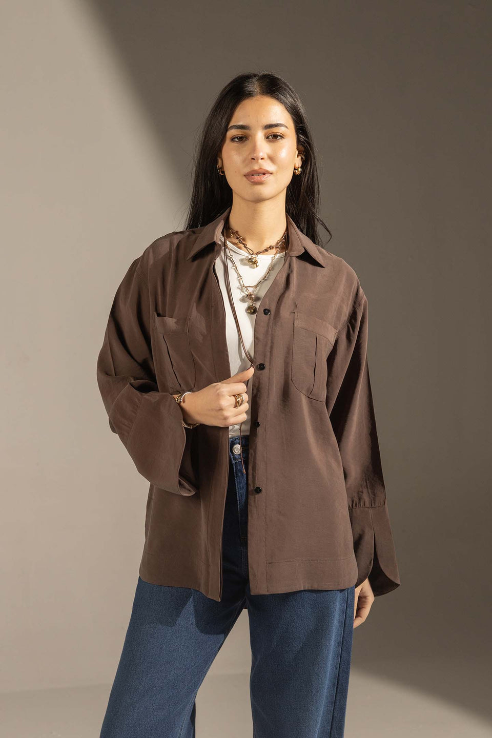 Brown Relaxed Fit Double-Pocket Shirt