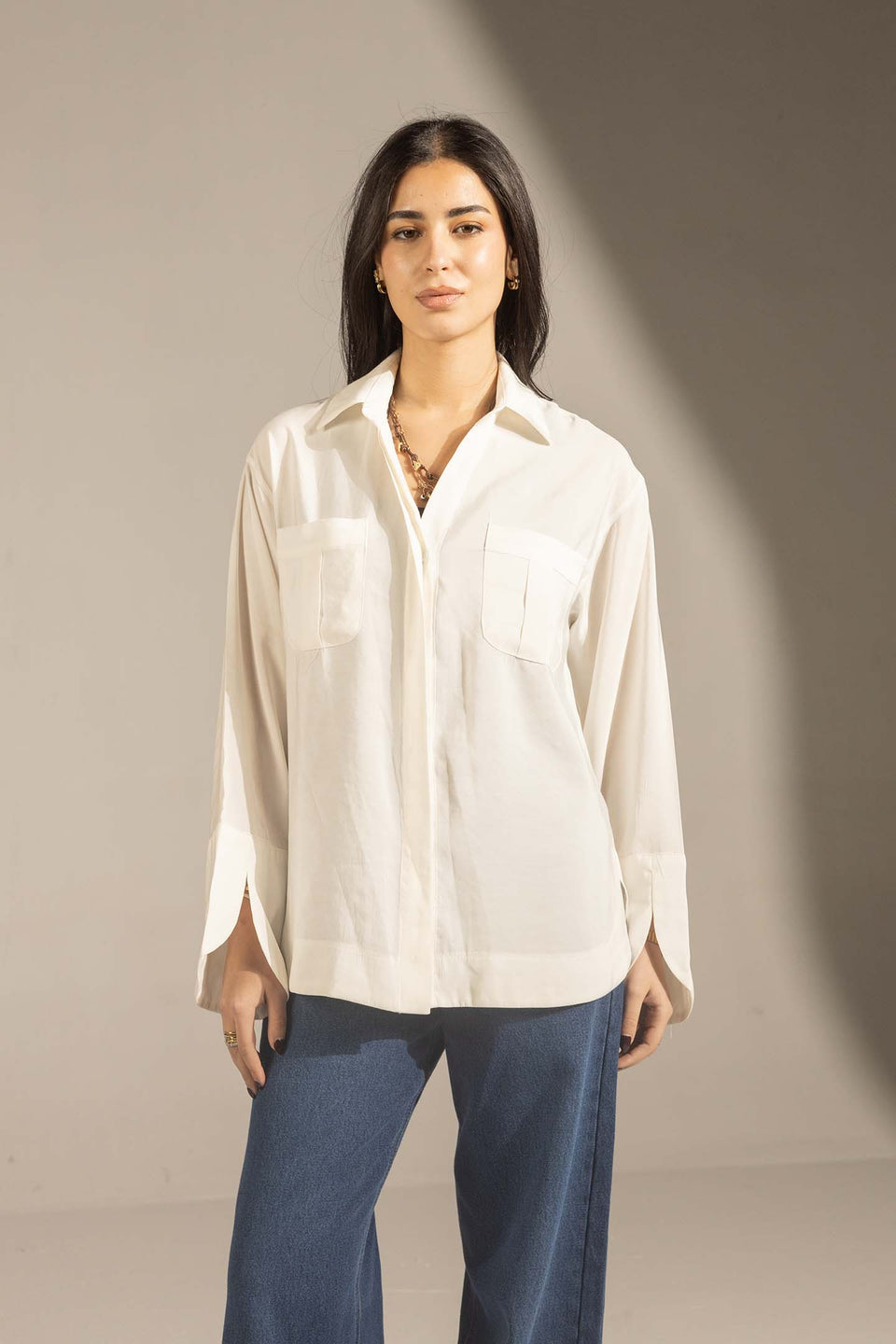 White Relaxed Fit Double-Pocket Shirt