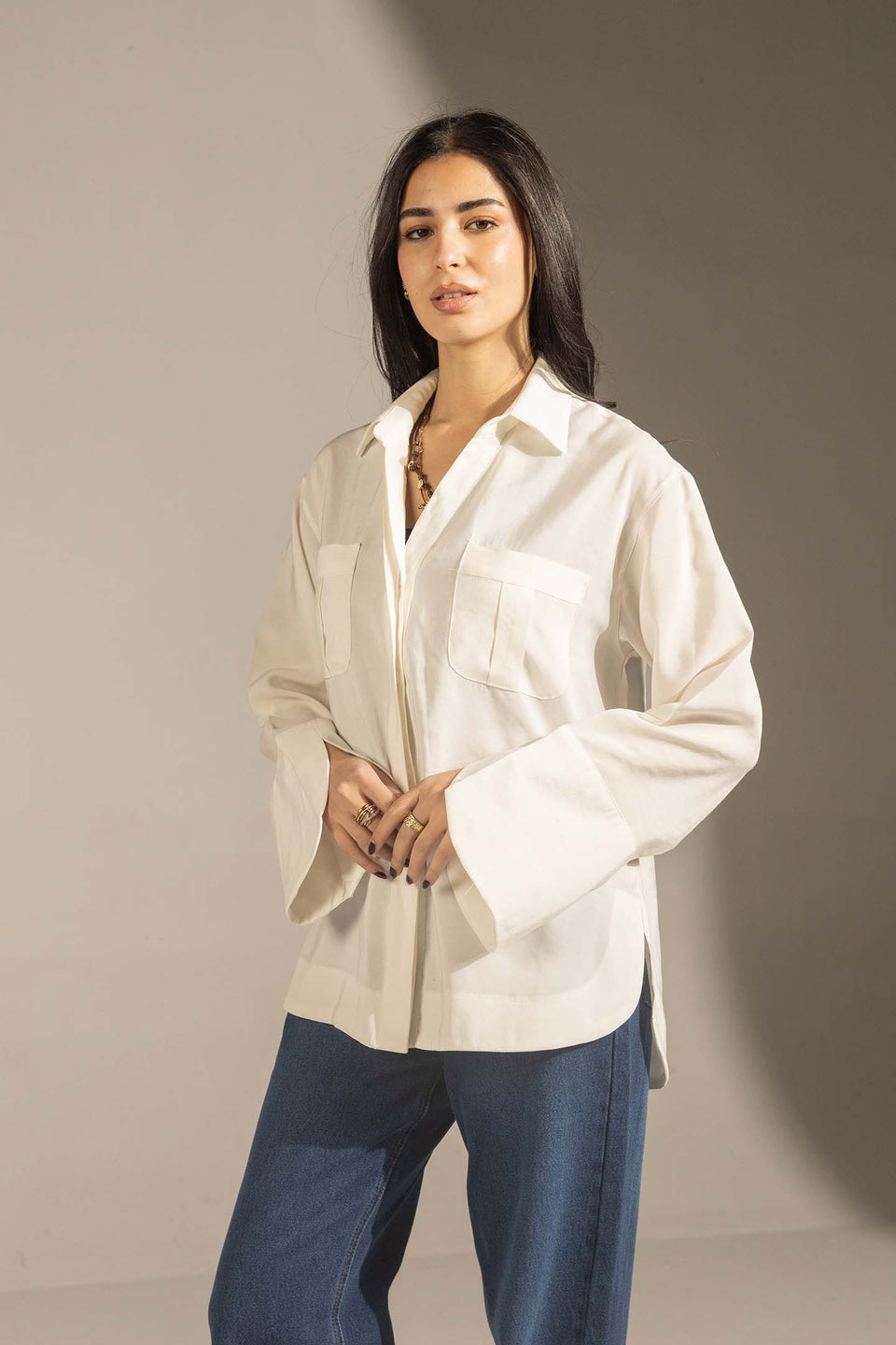 White Relaxed Fit Double-Pocket Shirt