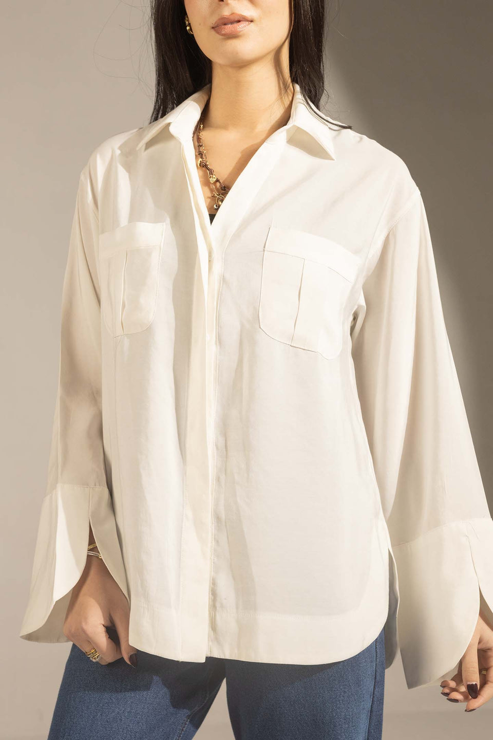 White Relaxed Fit Double-Pocket Shirt