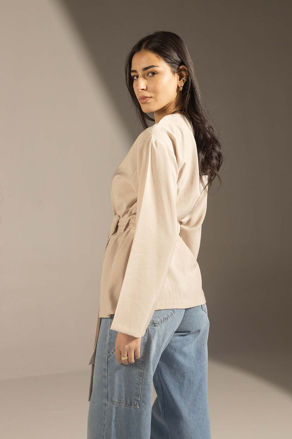 Beige Structured Belted Blouse