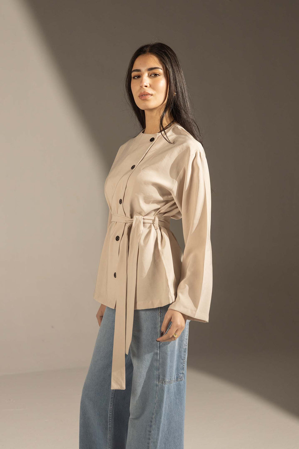 Beige Structured Belted Blouse