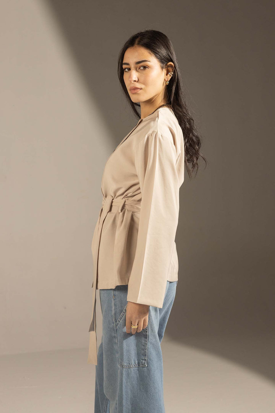 Beige Structured Belted Blouse