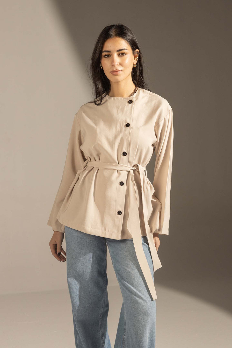 Beige Structured Belted Blouse