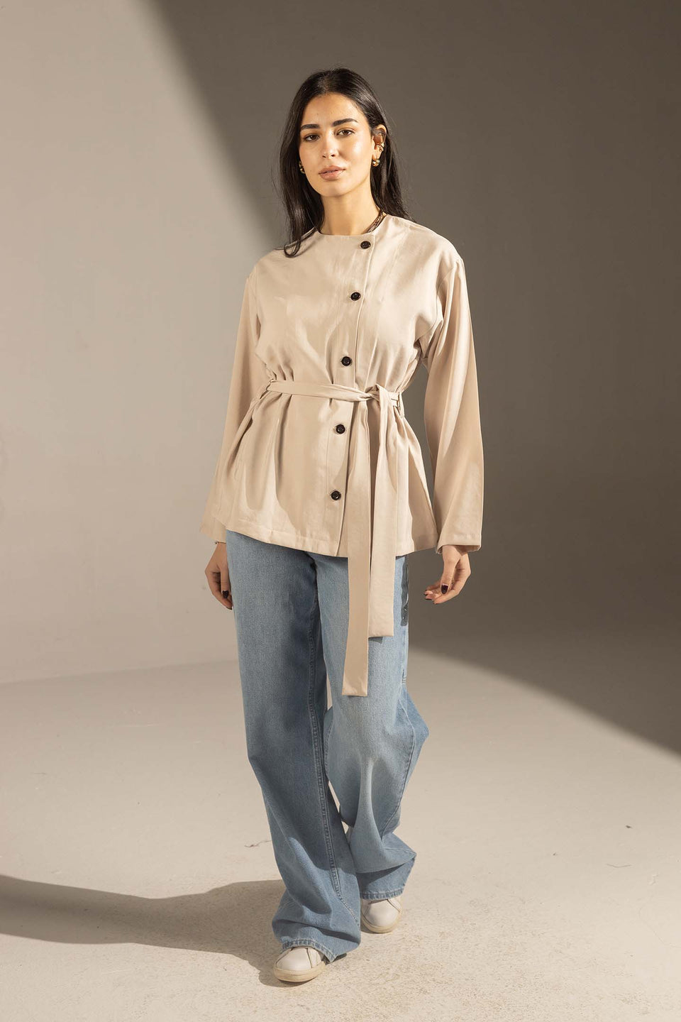 Beige Structured Belted Blouse
