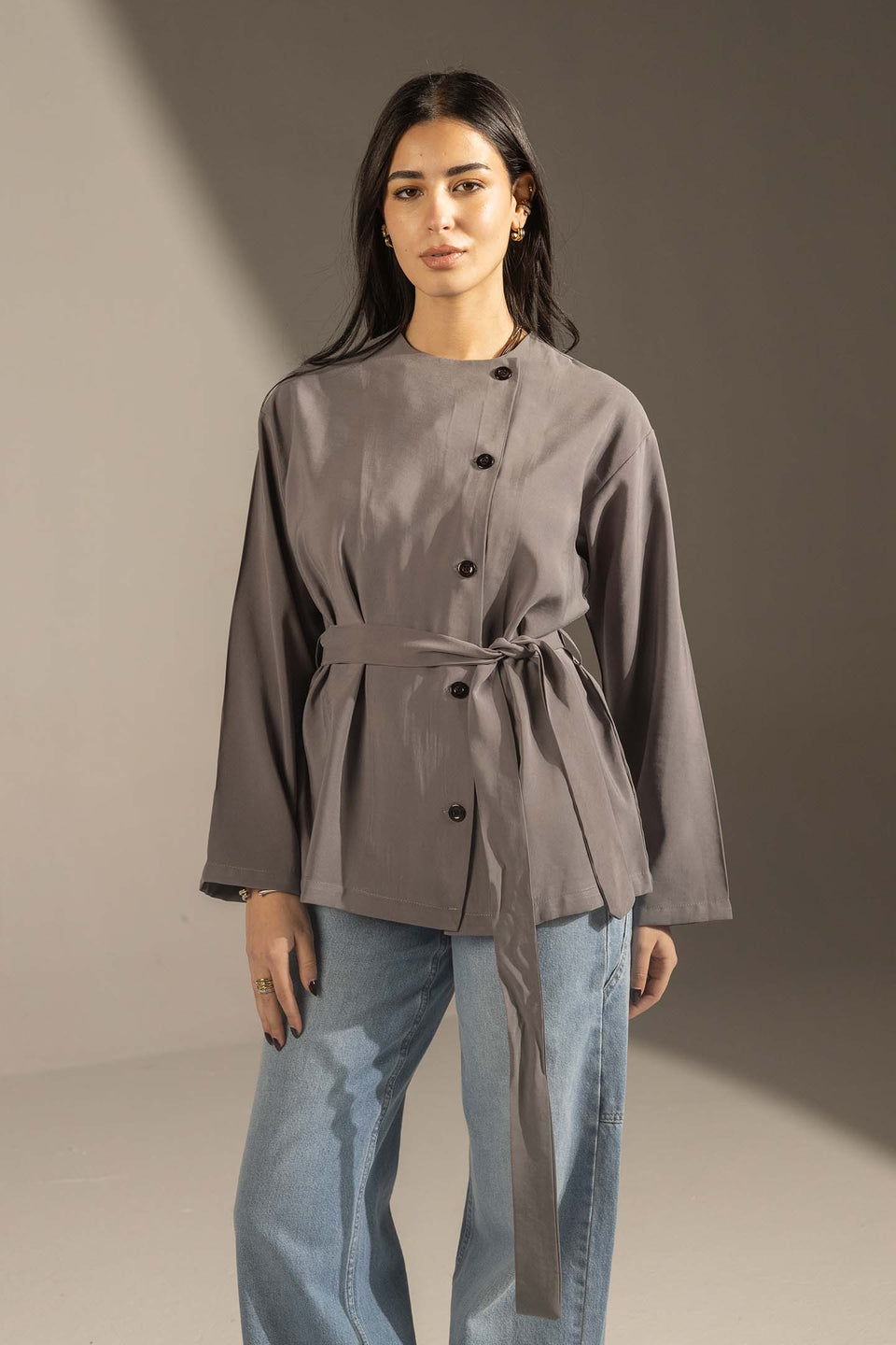 Grey Structured Belted Blouse