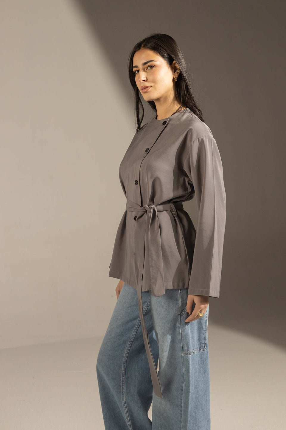 Grey Structured Belted Blouse