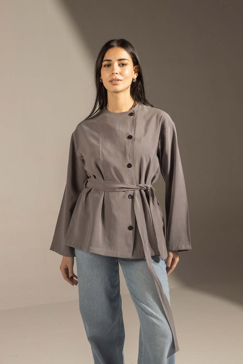 Grey Structured Belted Blouse
