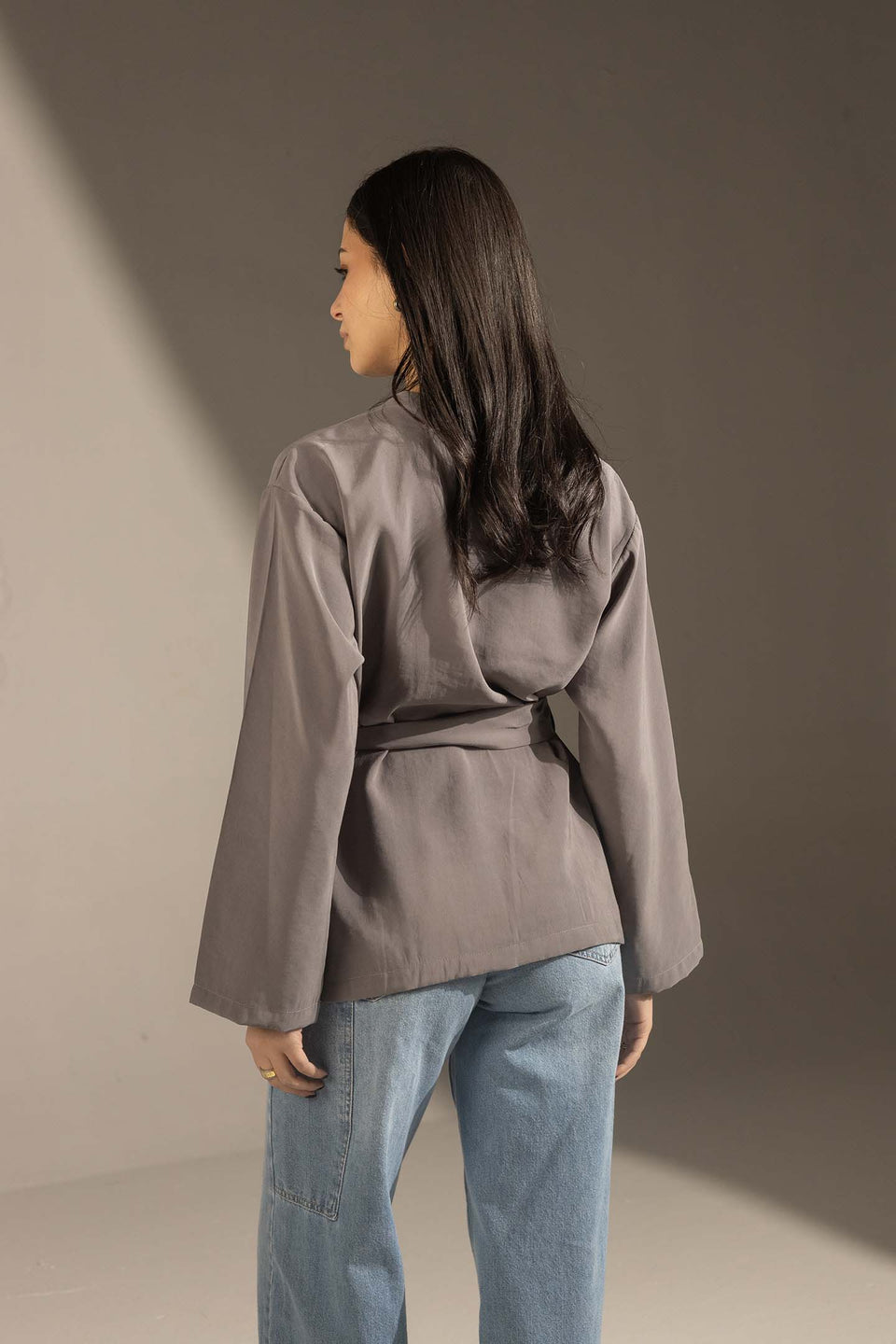 Grey Structured Belted Blouse