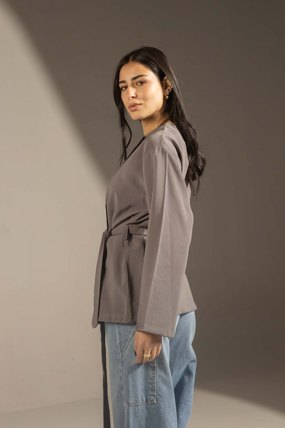 Grey Structured Belted Blouse