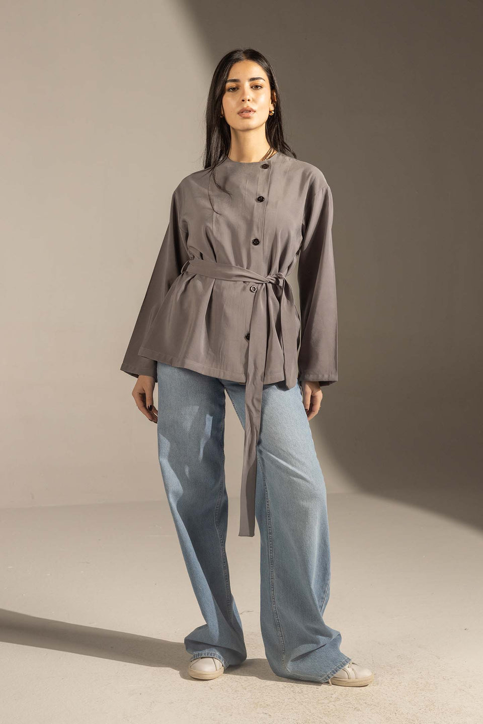 Grey Structured Belted Blouse