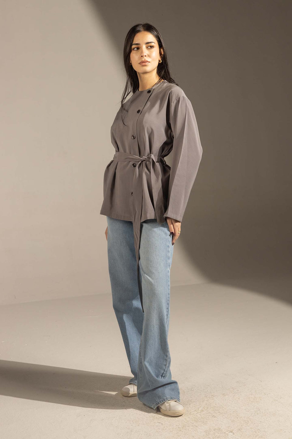 Grey Structured Belted Blouse